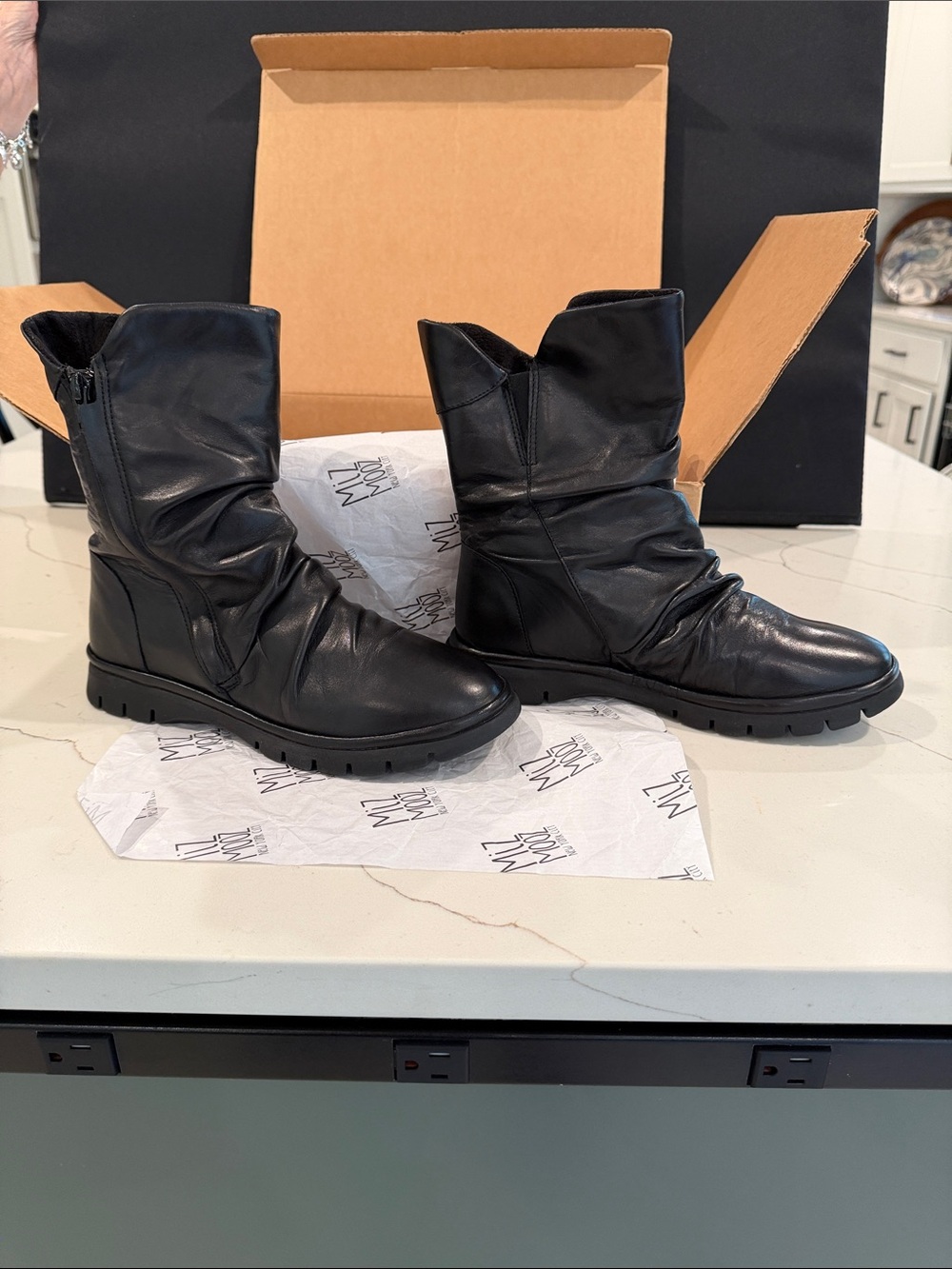Miz Mooz Black Ruched Leather Mid-Shaft Boots